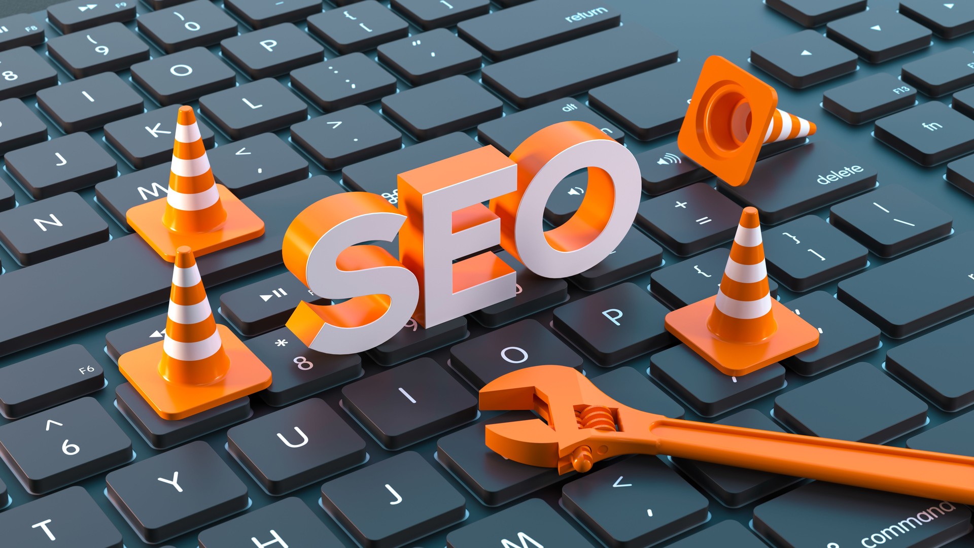 Rendu 3D du concept SEO, texte « SEO » sur le clavier, cônes de signalisation orange, outil de clé, optimisation du site Web, optimisation des moteurs de recherche, vue rapprochée, thème de marketing numérique, couleurs orange et blanc vibrantes, 